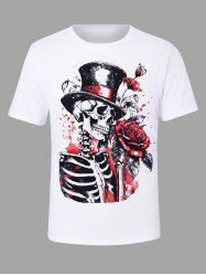 Plus Size Skull Skeleton Hat Rose Flower Leaf Print Valentines T-shirt For Men -  