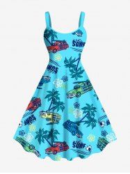Plus Size Coconut Tree Car Floral Letters Print Hawaii A Line Tank Dress -  