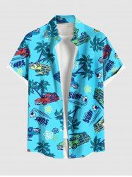 Plus Size Coconut Tree Car Floral Letters Print Hawaii Button Pocket Shirt For Men -  