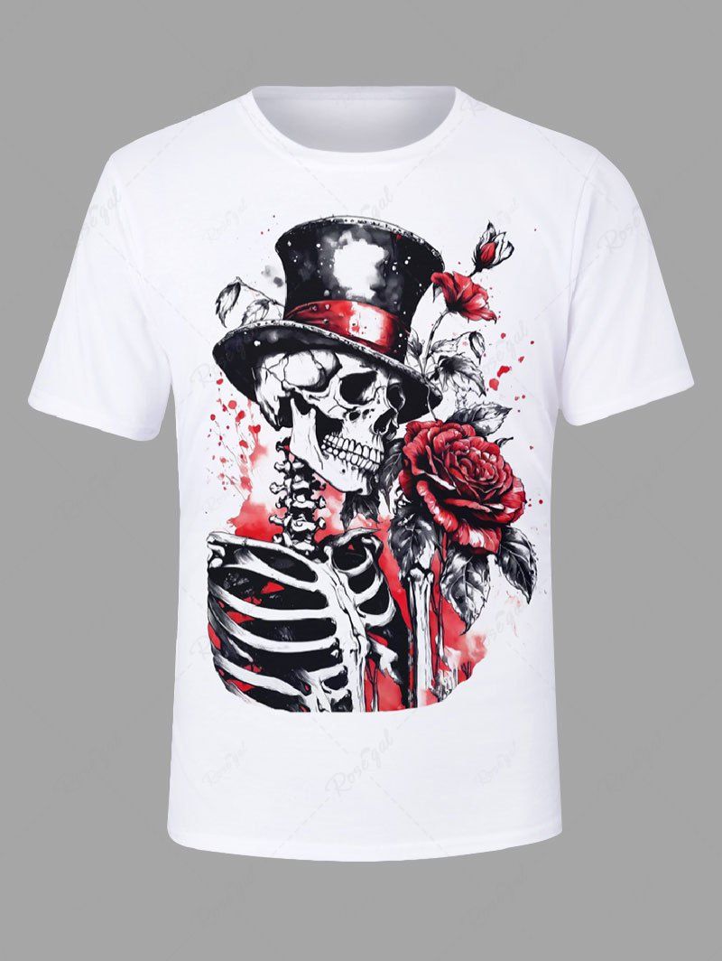 Cheap Plus Size Skull Skeleton Hat Rose Flower Leaf Print Valentines T-shirt For Men  