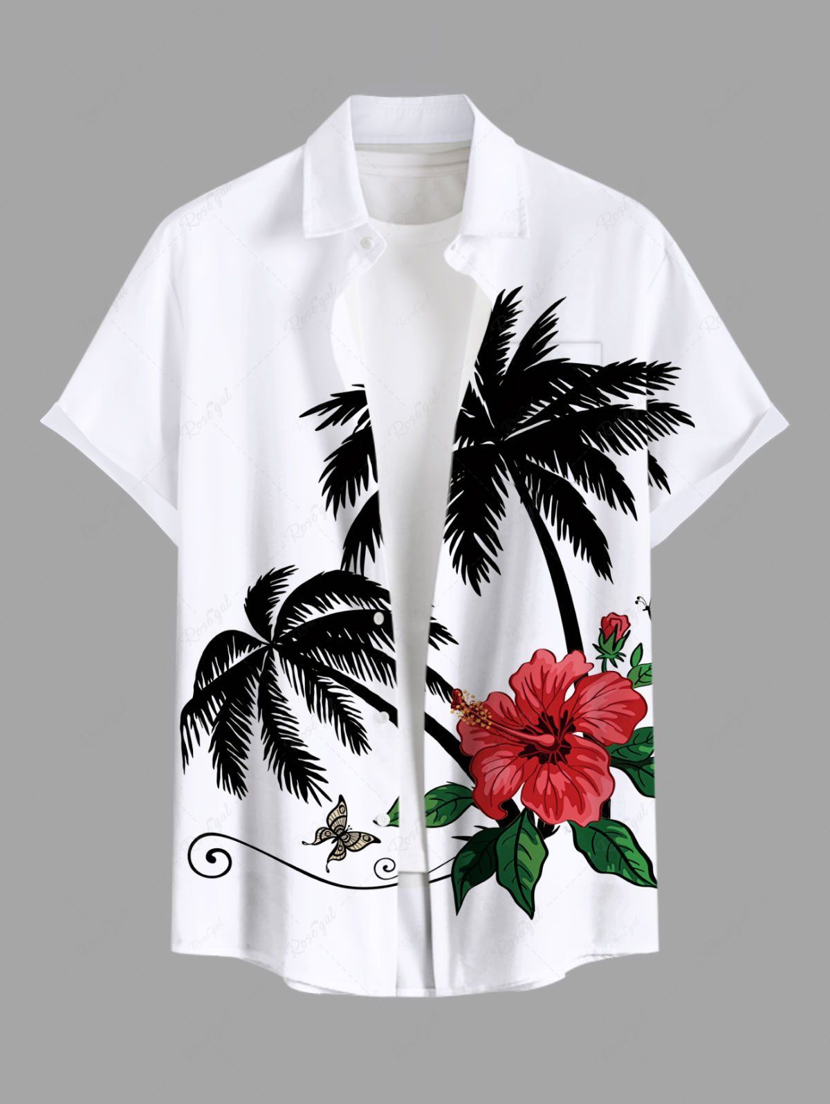 Latest Plus Size Coconut Tree Floral Leaves Butterfly Print Hawaii Button Pocket Shirt For Men  