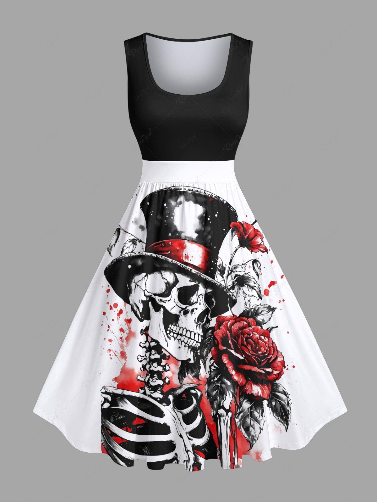 Latest Plus Size Skull Skeleton Hat Rose Flower Leaf Print Valentines Vintage Swing A Line Dress  