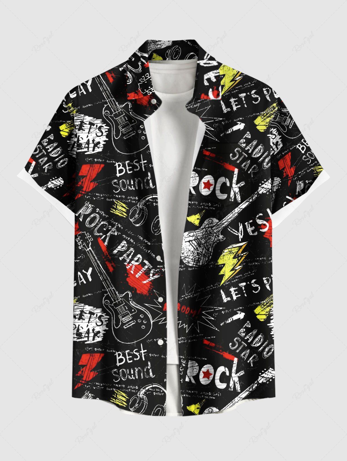 Online Plus Size Letters Guitar Lightning Earphones Print Hawaii Music Rock Button Pocket Shirt For Men  