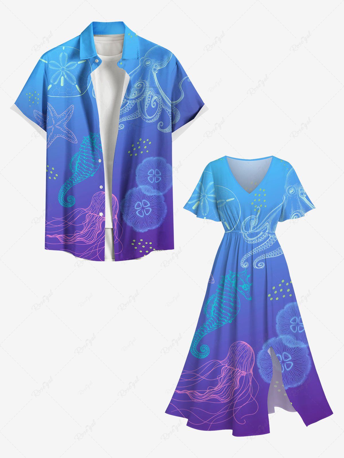 Short de Plage Transparent à Imprimé Pieuvre Fleurs et Etoiles de Mer Grande-Taille Bleu Ciel 