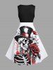 Plus Size Skull Skeleton Hat Rose Flower Leaf Print Valentines Vintage Swing A Line Dress -  