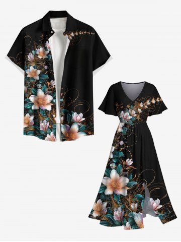 Ombre Floral Leaf Branch Print Plus Size Matching Hawaii Beach Outfit For Couples - BLACK