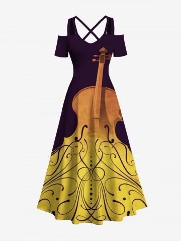 Plus Size Guitar Curve Print Music Crisscross A Line Maxi Dress - YELLOW - XS