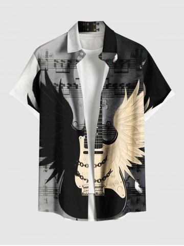 Plus Size Musical Festival Guitar Wings Music Notes Print Buttons Pocket Shirt For Men