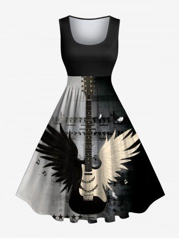 Plus Size Musical Festival Guitar Wings Music Notes Print 1950s Vintage Dress
