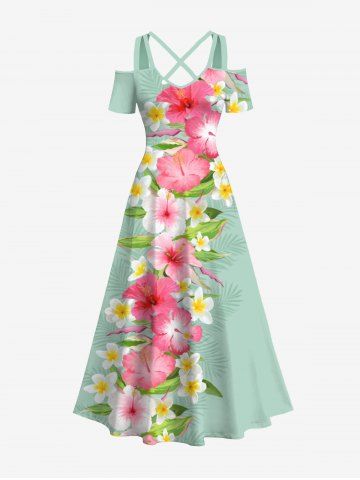 Plus Size Tropical Leaf Hibiscus Flowers Print Cold Shoulder Crisscross Hawaii Maxi Dress - GREEN - XS