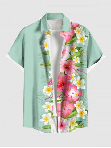 Chemise D'Hibiscus et Feuille Tropicale Imprimées avec Poche de Grande Taille pour Homme - GREEN - 4XL