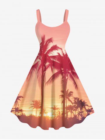 Plus Size Coconut Tree Sun Ombre Print Hawaii Tank Dress - RED - XS