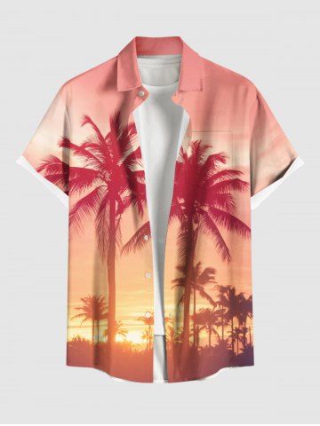 Plus Size Coconut Tree Sun Ombre Print Buttons Pocket Hawaii Shirt For Men - RED - 4XL