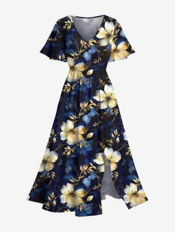 Plus Size Flowers Leaf Print Split Hawaii Midi Dress - BLACK - L