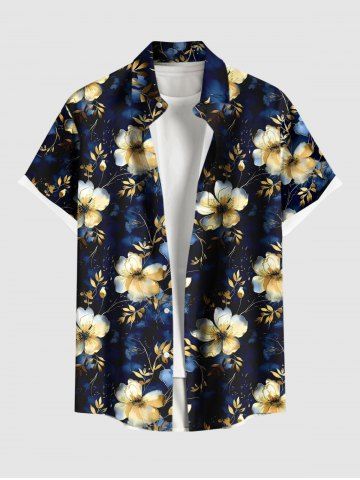 Plus Size Flowers Leaf Print Buttons Pocket Hawaii Shirt For Men - BLACK - XL