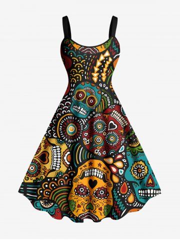 Plus Size Paisley Floral Skulls Print Hawaii Tank Dress - COFFEE - XS