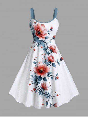 Plus Size Flowers Leaf Print Hawaii Tank Dress - WHITE - XS