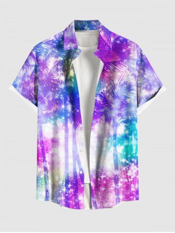 Plus Size Coconut Tree Tie Dye Ombre Stars Galaxy Print Hawaii Button Pocket Shirt For Men - PURPLE - S