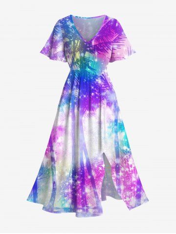 Plus Size Coconut Tree Tie Dye Ombre Stars Galaxy Print Hawaii Split Pocket A Line Midi Dress - PURPLE - XS