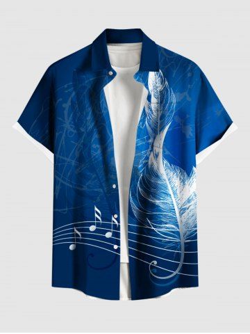 Plus Size Tropical Leaves Music Symbol Print Hawaii Ombre Button Pocket Shirt For Men - BLUE - 4XL