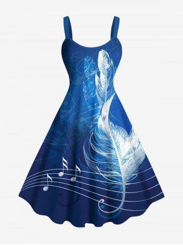 Plus Size Tropical Leaves Music Symbol Print Hawaii Ombre A Line Tank Dress - BLUE - XS