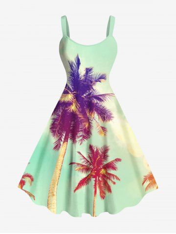 Plus Size Coconut Tree Ombre Light Spot Print Hawaii Tank Dress - GREEN - XS