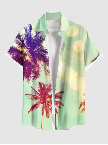 Plus Size Coconut Tree Ombre Light Spot Print Buttons Pocket Hawaii Shirt For Men - GREEN - 4XL