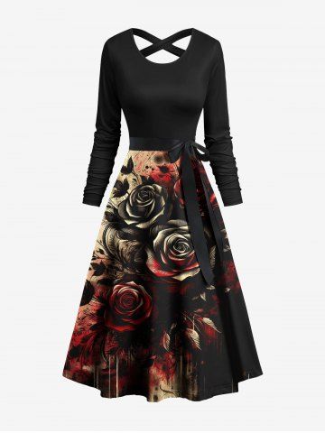 Rose Flower Leaf Paint Splatter Print Crisscross Hawaii Dress With A Belt - BLACK - XS