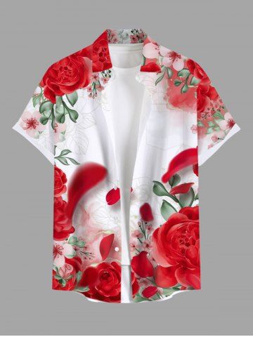 Plus Size Rose Flower Leaf Petal Print Valentines Hawaii Ombre Button Pocket Shirt For Men - RED - S