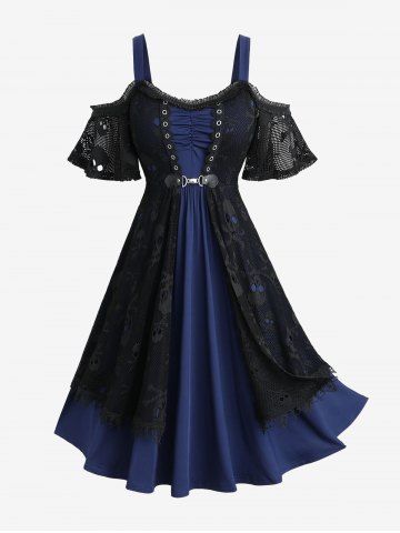 Plus Size Cold Shoulder Skull Mesh Overlay Ruched PU Buckle A Line 2 in 1 Dress - DEEP BLUE - 2X | US 18-20