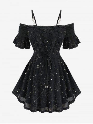 Plus Size Star Stamping Lace-up Lace Trim Cold Shoulder Ruffles Top - BLACK - L | US 12