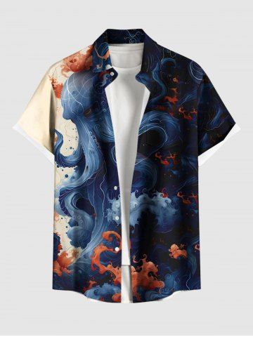 Plus Size Octopus Sea Waves Print Buttons Pocket Hawaii Shirt For Men - MIDNIGHT BLUE - L