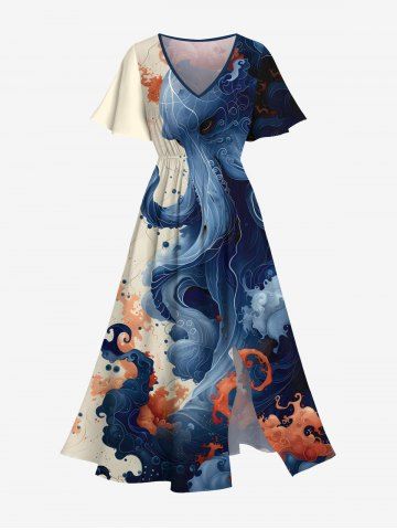 Plus Size Octopus Sea Waves Print Split Hawaii Midi Dress - BLUE - 5X
