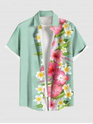Plus Size Tropical Leaf Hibiscus Flowers Print Buttons Pocket Hawaii Shirt For Men -  