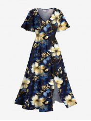 Plus Size Flowers Leaf Print Split Hawaii Midi Dress -  