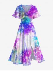 Plus Size Coconut Tree Tie Dye Ombre Stars Galaxy Print Hawaii Split Pocket A Line Midi Dress -  