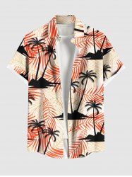 Plus Size Coconut Tree Tropical Leaves Print Hawaii Button Pocket Shirt For Men -  