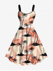 Robe Débardeur Hawaïen Ligne A Feuille Tropicale et Arbre de Noix de Coco Imprimés de Grande Taille - Rouge 3X