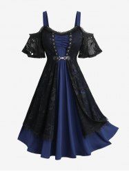 Plus Size Cold Shoulder Skull Mesh Overlay Ruched PU Buckle A Line 2 in 1 Dress -  