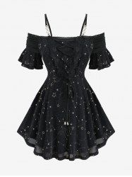 Plus Size Star Stamping Lace-up Lace Trim Cold Shoulder Ruffles Top -  