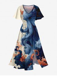 Robe mi-longue hawaïenne fendue à imprimé vagues de poulpe grande taille - Bleu 2X