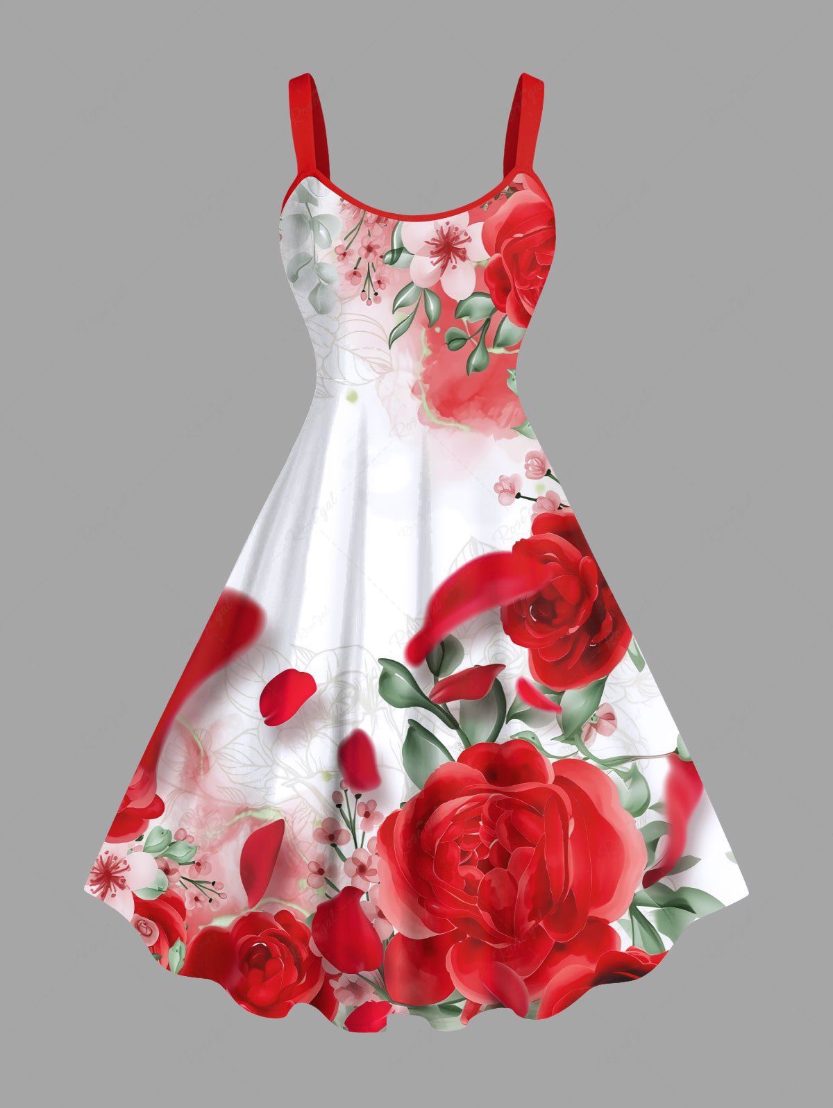 Affordable Plus Size Rose Flower Leaf Petal Print Valentines Hawaii Ombre A Line Tank Dress  