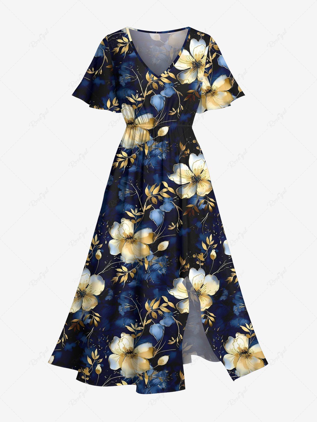 Unique Plus Size Flowers Leaf Print Split Hawaii Midi Dress  