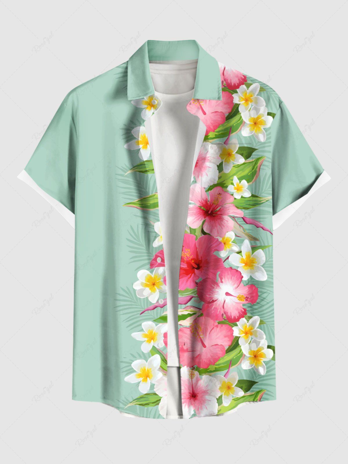 Store Plus Size Tropical Leaf Hibiscus Flowers Print Buttons Pocket Hawaii Shirt For Men  