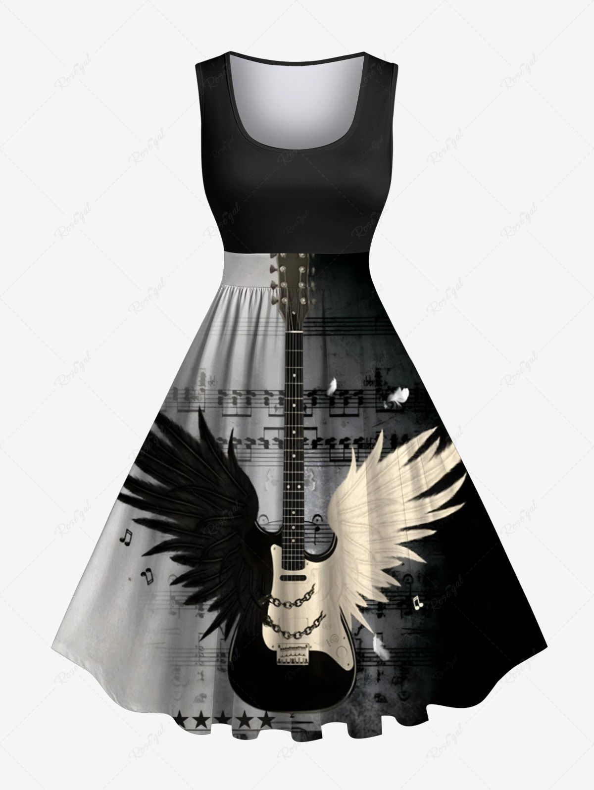 Cheap Plus Size Musical Festival Guitar Wings Music Notes Print 1950s Vintage Dress  