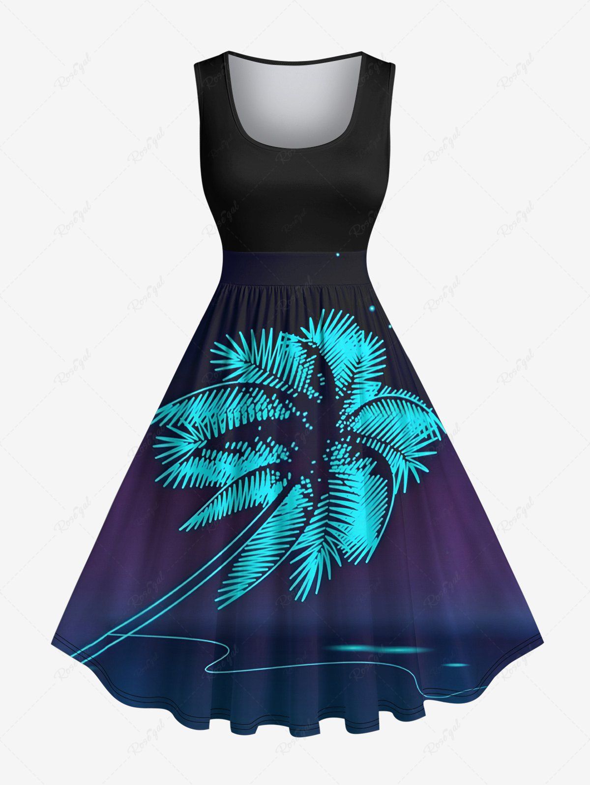 Discount Plus Size Coconut Tree Star Print Hawaii 1950s Vintage Dress  