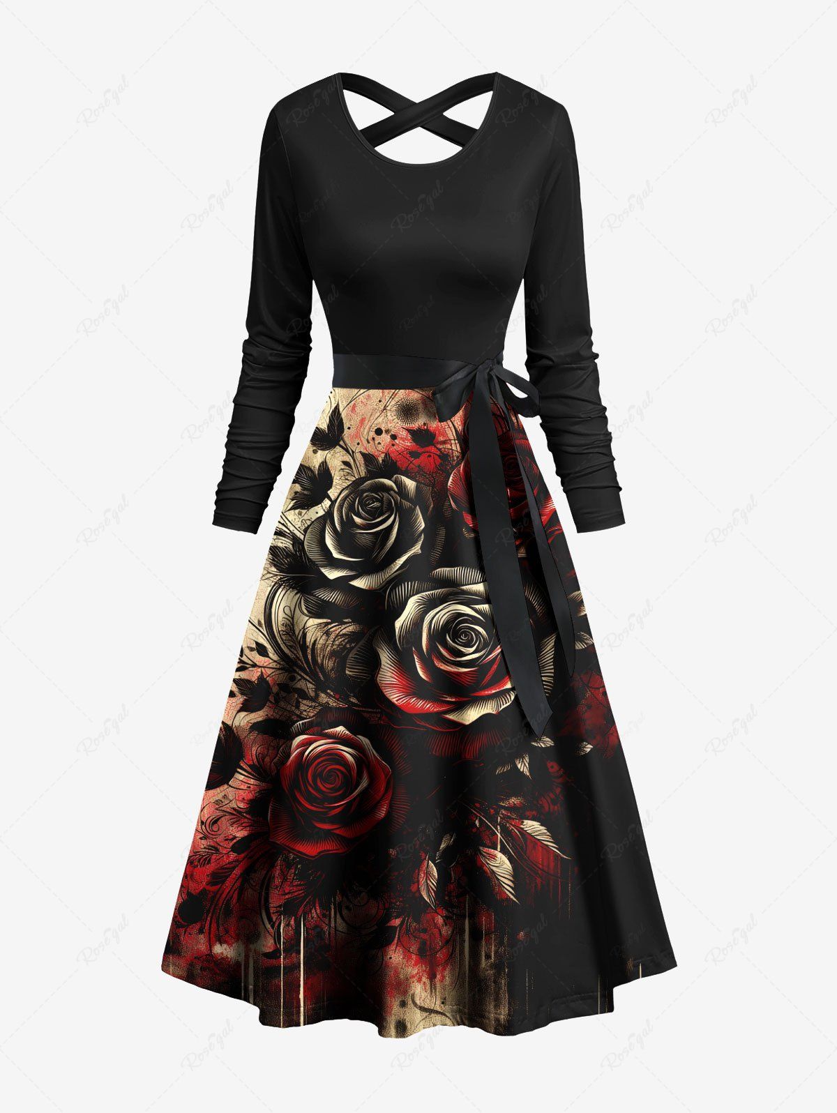 Discount Rose Flower Leaf Paint Splatter Print Crisscross Hawaii Dress With A Belt  