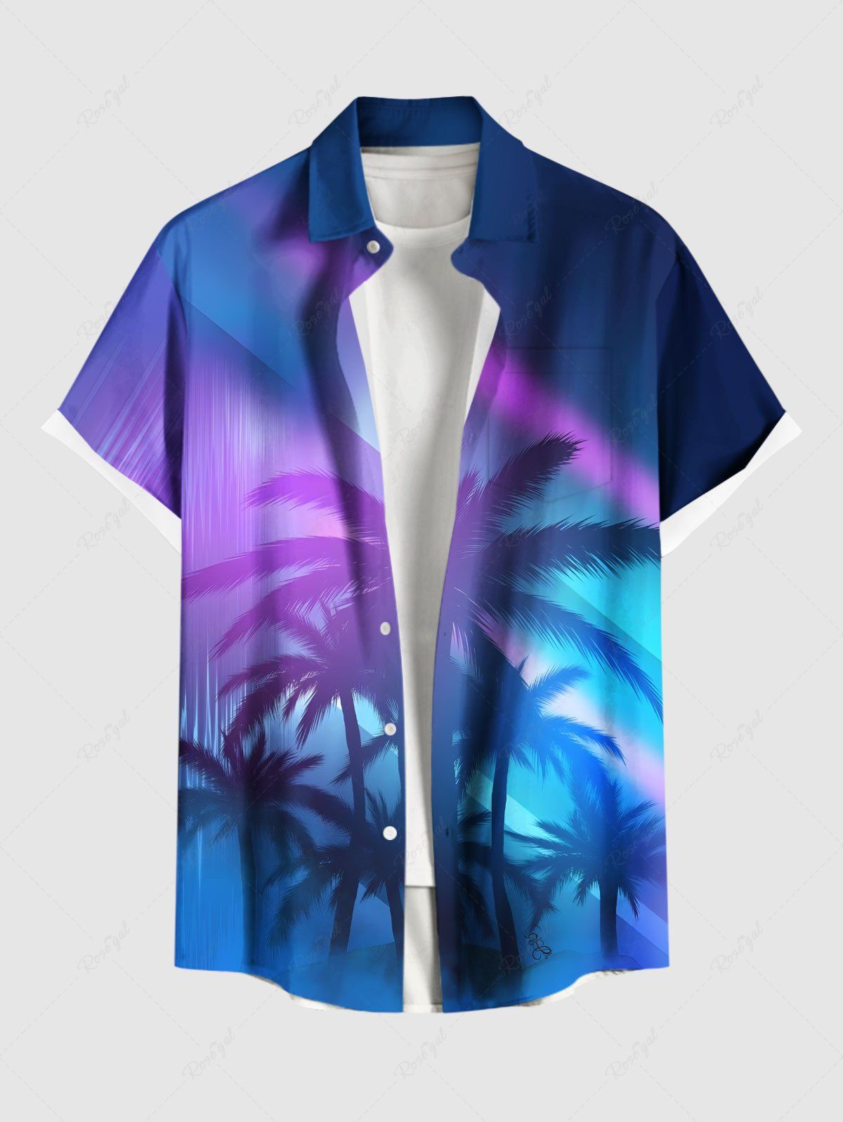 Outfit Plus Size Coconut Tree Ombre Light Beam Print Buttons Pocket Hawaii Shirt For Men  