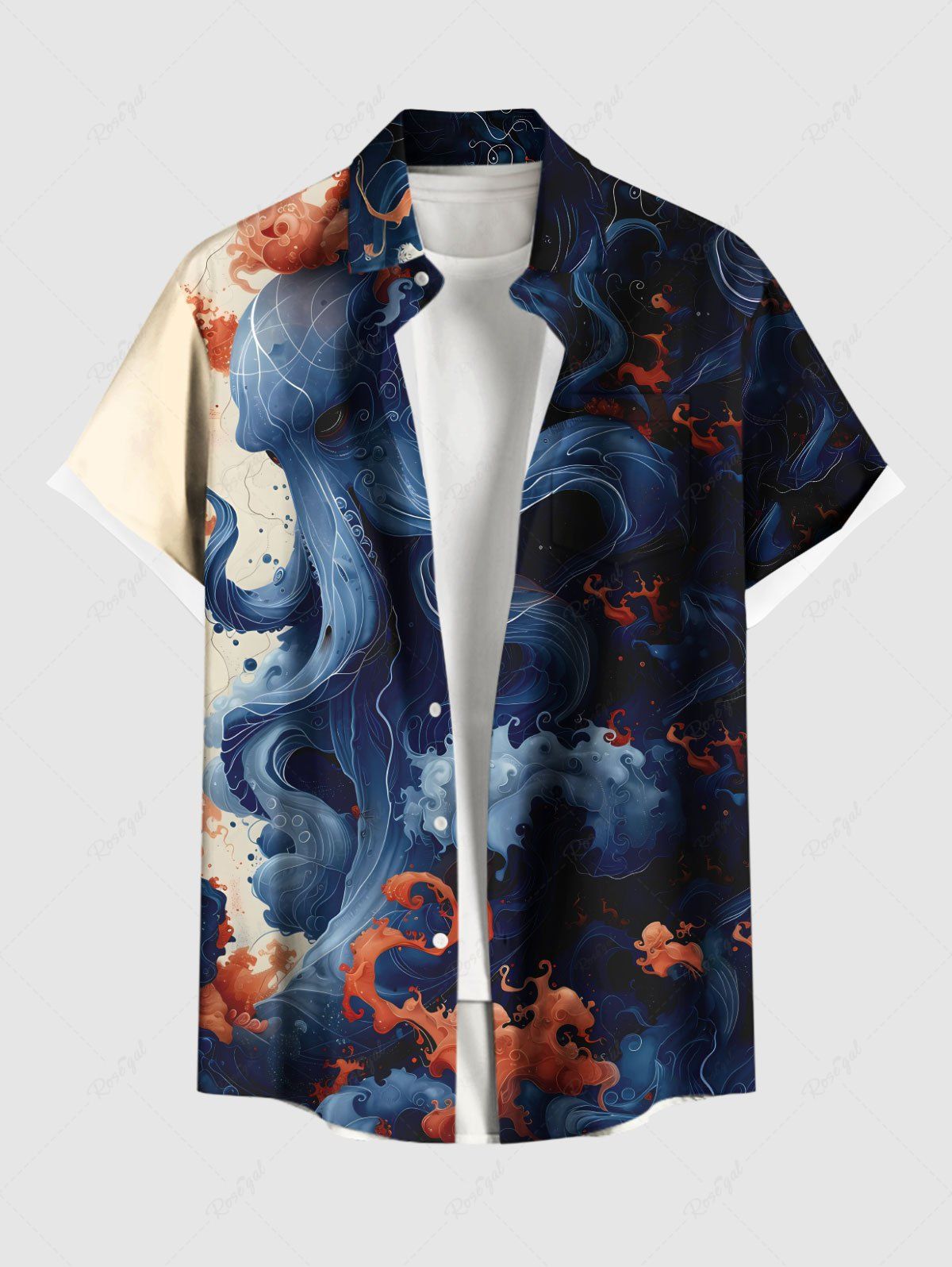 Outfits Plus Size Octopus Sea Waves Print Buttons Pocket Hawaii Shirt For Men  
