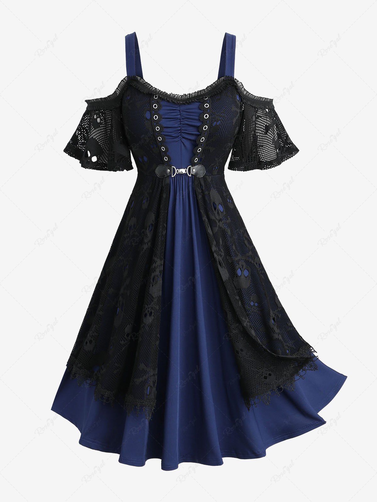 Hot Plus Size Cold Shoulder Skull Mesh Overlay Ruched PU Buckle A Line 2 in 1 Dress  